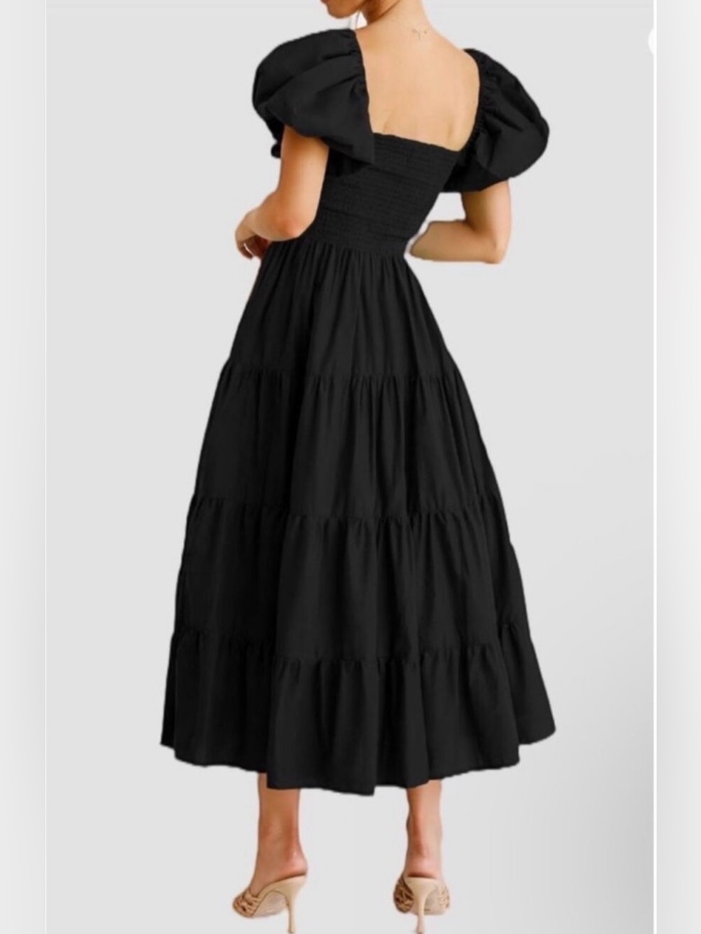 Pretty Garden Black Square Neck Smocked Puff Sleeve Tiered Midi Maxi Dress XL - Picture 2 of 6